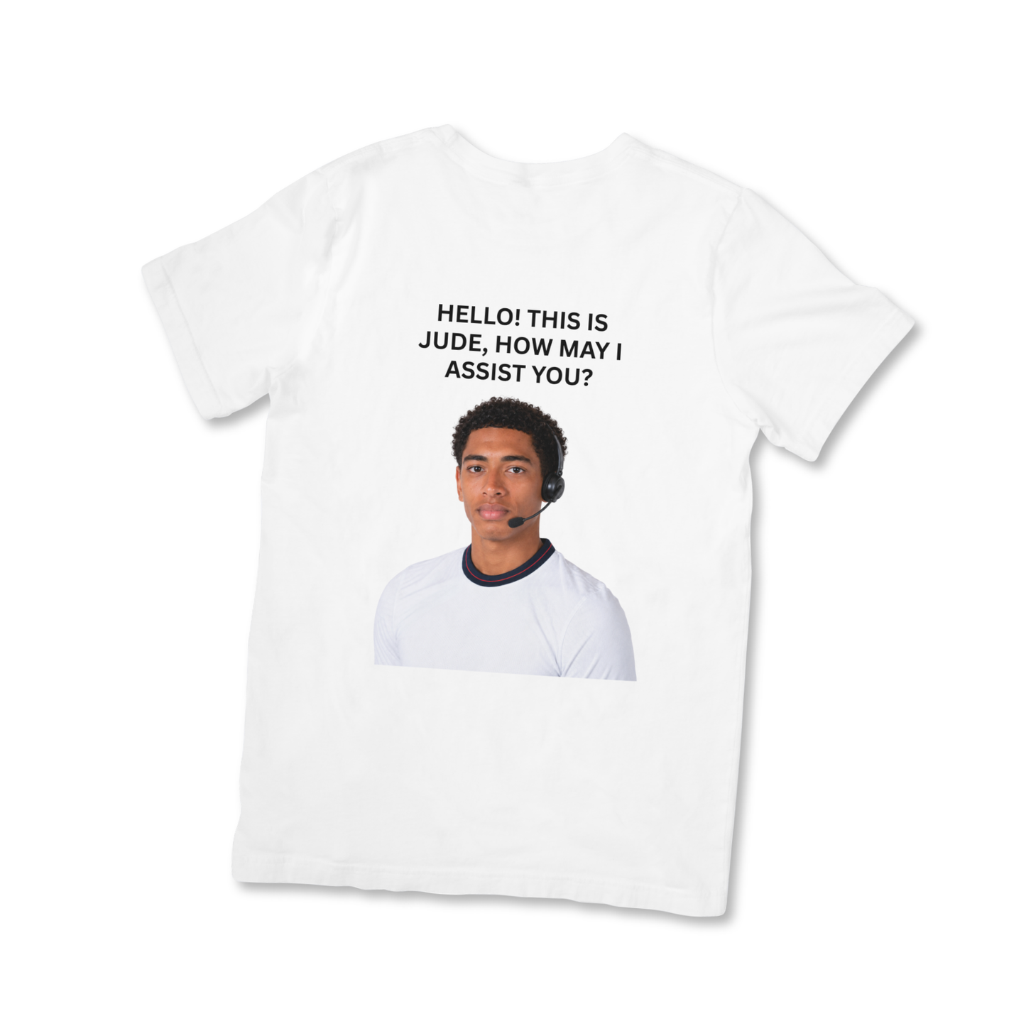 White t-shirt with a graphic of a person wearing a headset and text on a white background